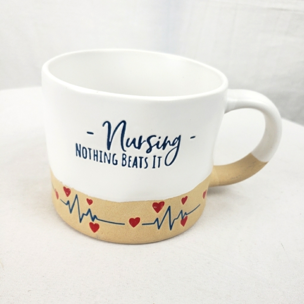 NWT "Nursing, Nothing Beats It" White and Tan Mug